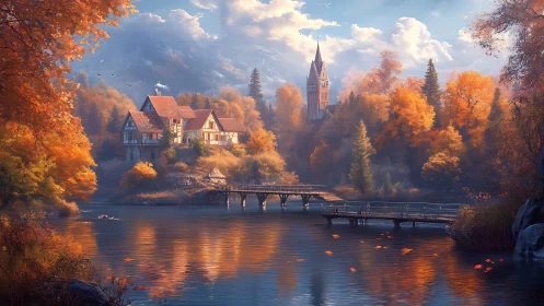 Autumn lakeside manor dreaming beneath misty mountain spires.