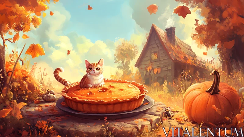Autumn Whimsy: Oversized Pie and Cat in Surreal Harvest Scene