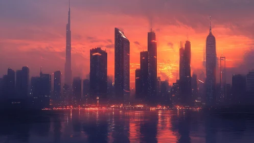 Dense high-rise waterfront skyline is shown at sunset