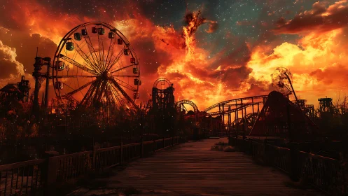 Abandoned amusement park silhouettes under apocalyptic nebula sky