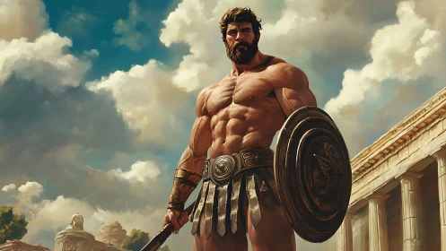 Heroic hoplite stands under turbulent sky in neoclassical digital painting