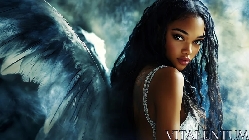Digital angelic portrait with cinematic lighting and plumage detail.