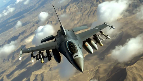 Modern fighter jet soars above rugged desert clouds in formation.