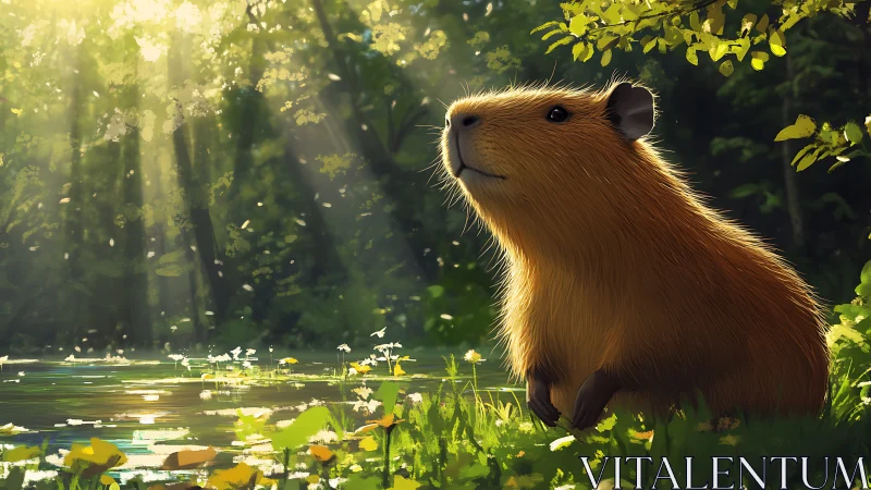 Capybara illuminated by volumetric forest sunlight beside pond