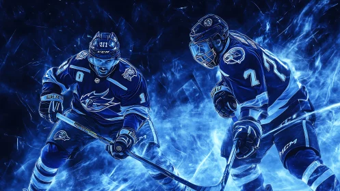 Dynamic dual hockey players rendered in neon blue digital glow