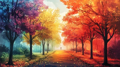 Digital painting of luminous autumn avenue with receding figure.