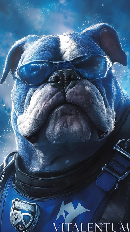 Bulldog in futuristic blue armor and goggles stares forward