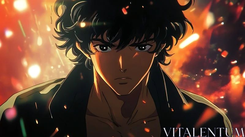 Storm-eyed anime hero walks through burning twilight firestorm.
