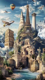 Composite monument skyline in fantastical vertical landscape.