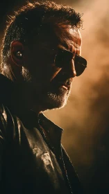 Moody portrait of man in sunglasses under warm stage light.