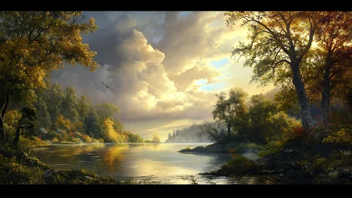 Sunlit river valley reflects storm-clearing autumn sky