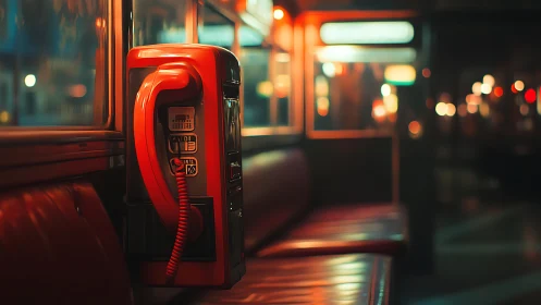 Lonely red payphone hums softly in a neon-tinted night