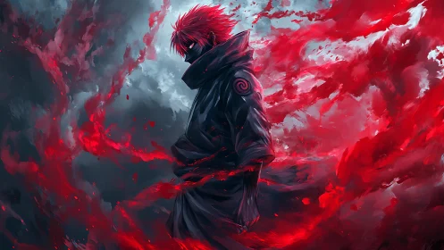 Storm-lit warrior wrapped in swirling crimson energy.