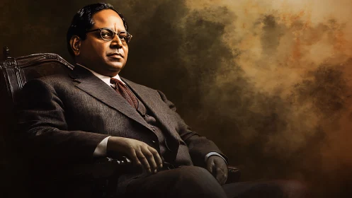 Seated man in formal suit rests in wooden chair, side-lit