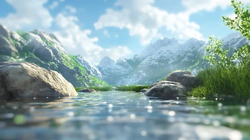 Mountain lake foreground with rocks, grass, and snow peaks.
