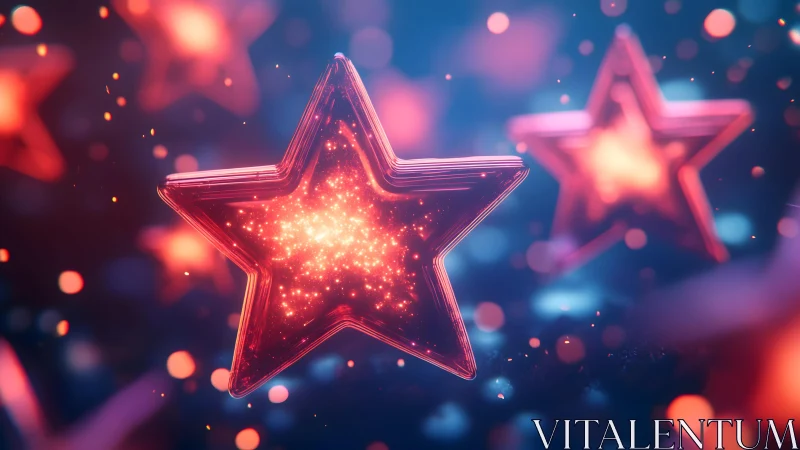 Glowing Red Neon Stars with Sparkling Light Effects in Abstract Art.