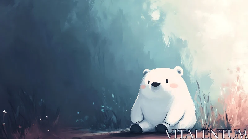 White bear sits softly in glowing pastel forest clearing
