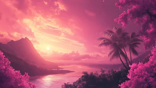 Monochrome pink coastal landscape with mountains and palms.