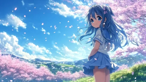 Blue haired dreamer beneath wind-tossed cherry petals.