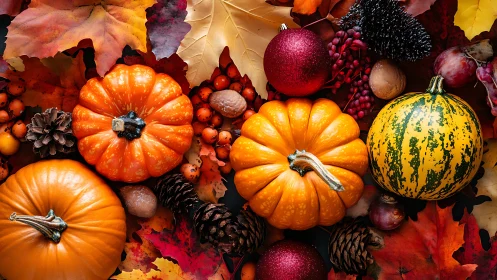 Pumpkin parade beneath glittered autumn leaves and berries.