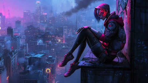Solitary cyberpunk girl broods above neon-drenched city
