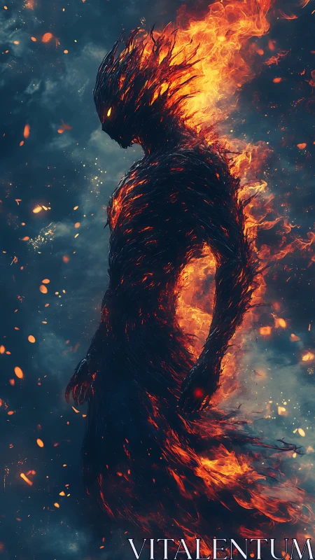 Emberborn titan strolls through stormlit ashes of night