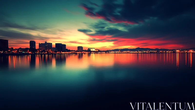 Urban waterfront skyline under vivid sunset reflections.