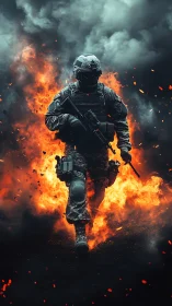 Tactical soldier strides through explosive inferno backdrop.