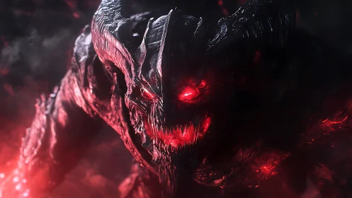 Infernal ember titan grins through molten shadowed armor.