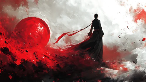 Lone warrior faces crimson sun amid abstract storm