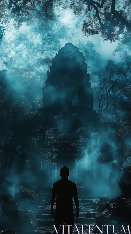 Silhouetted explorer approaches mist-shrouded jungle temple at dusk