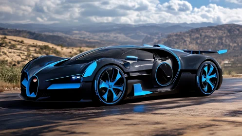 Electric blue hypercar relaxing on a sunlit open road.
