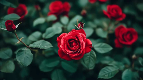 Crimson Elegance Blooms: Deep Red Roses in Verdant Garden.