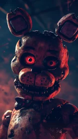 Rust-bitten animatronic grins under furnace-red stage lights