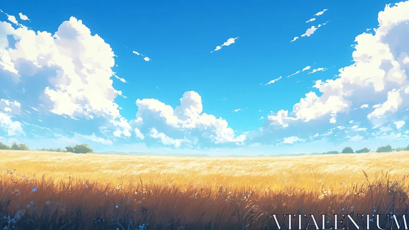 Digital landscape depicts wheat field under cumulus clouds