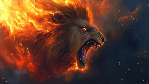Lion head engulfed in flames against dark smoky field.