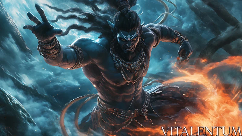 Mythic blue warrior wielding elemental fire in storm vortex