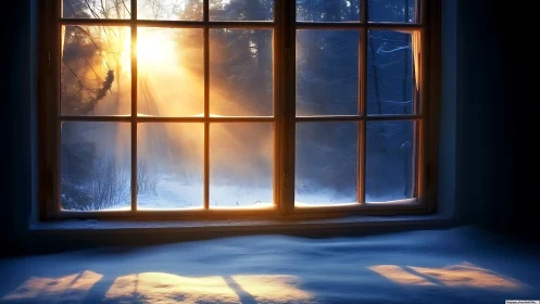 Winter window basked in sunrise fire and soft blue hush.