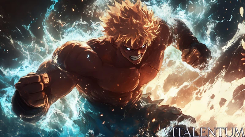 Explosive anime brawler surging through luminous energy storm.