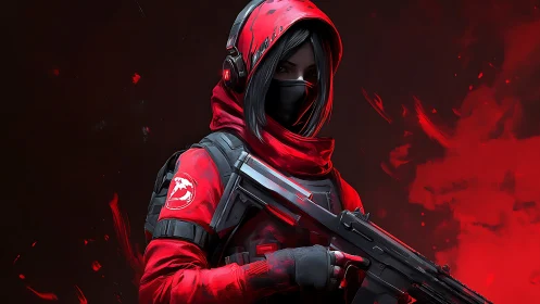 Hooded cyber sniper stands in crimson smoke and shadowed fire