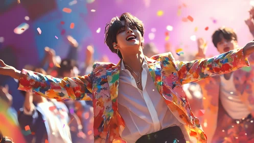 Joyful performer in colorful confetti-filled concert glow