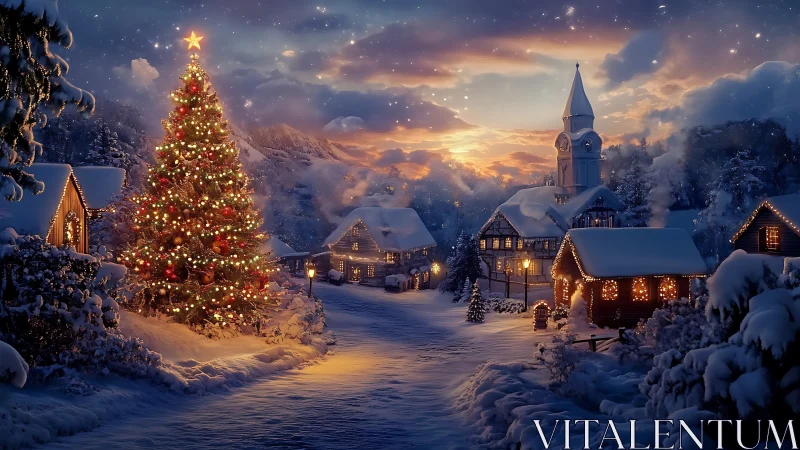 Snowy village Christmas tree glows under twilight sky
