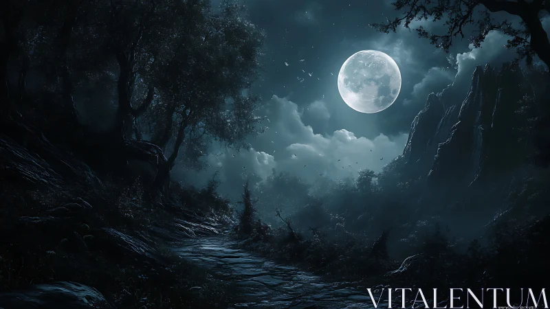 Digital moonlit forest path in high-contrast nocturne rendering.