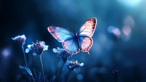 Bioluminescent-toned butterfly in shallow-depth nocturne field.