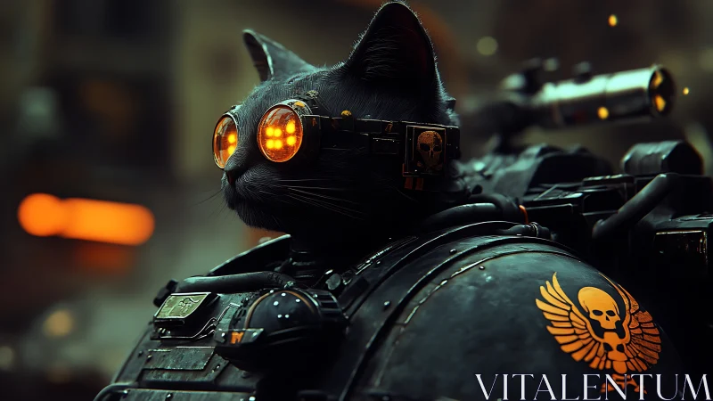 Armored cyberpunk cat warrior with glowing tactical goggles.