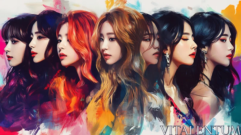 Chromatic muses drift in a side-profile river of radiant color