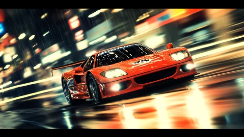 Aerodynamic GT racer slicing through neon-illuminated wet circuit.