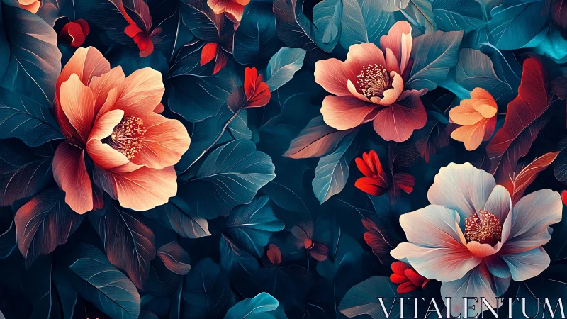 Digital floral composition with stylized blossoms and foliage.