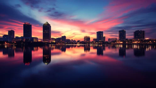 Vibrant city skyline mirrored in glassy twilight bay.