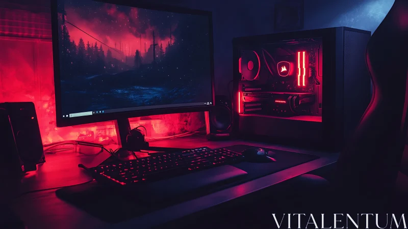 RGB-lit gaming desktop and ultrawide monitor in dark room